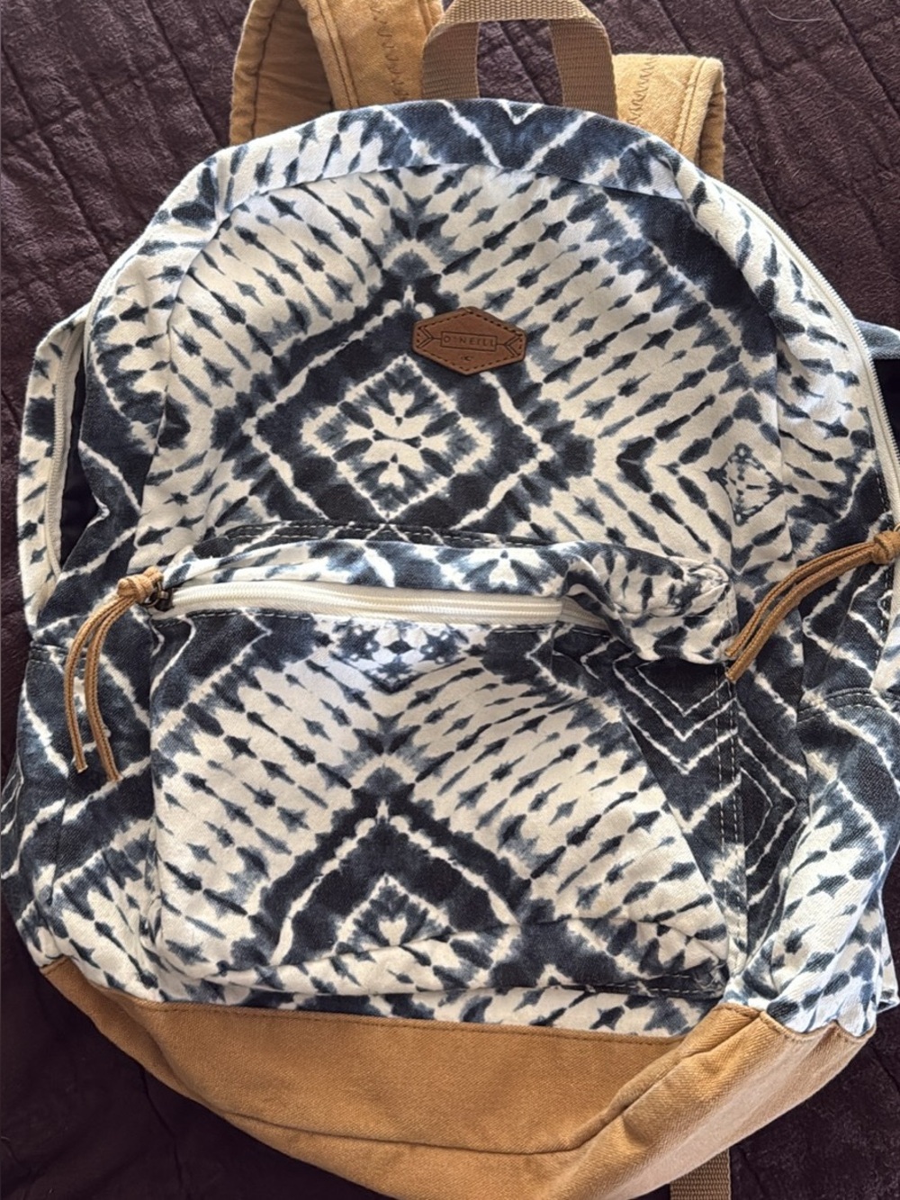 O'Neill Navy and White Geometric Print Backpack with Tan Base